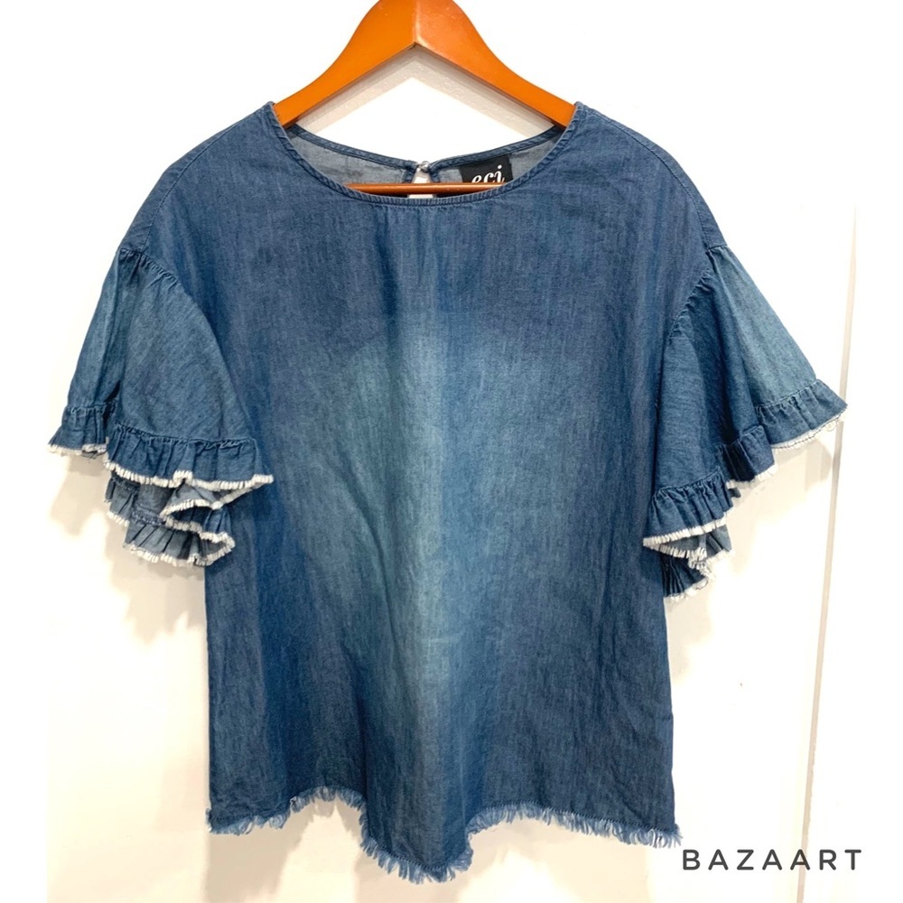 ECI Blue Flutter Sleeve Blouse with Ruffled Design